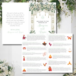 Könnte beinhalten: Eine Hochzeitseinladung mit floralem Design und goldenen Akzenten. Die Einladung zeigt die Namen "Shayona und Ryan" und Details zur Hochzeitszeremonie, einschließlich traditioneller indischer Rituale.