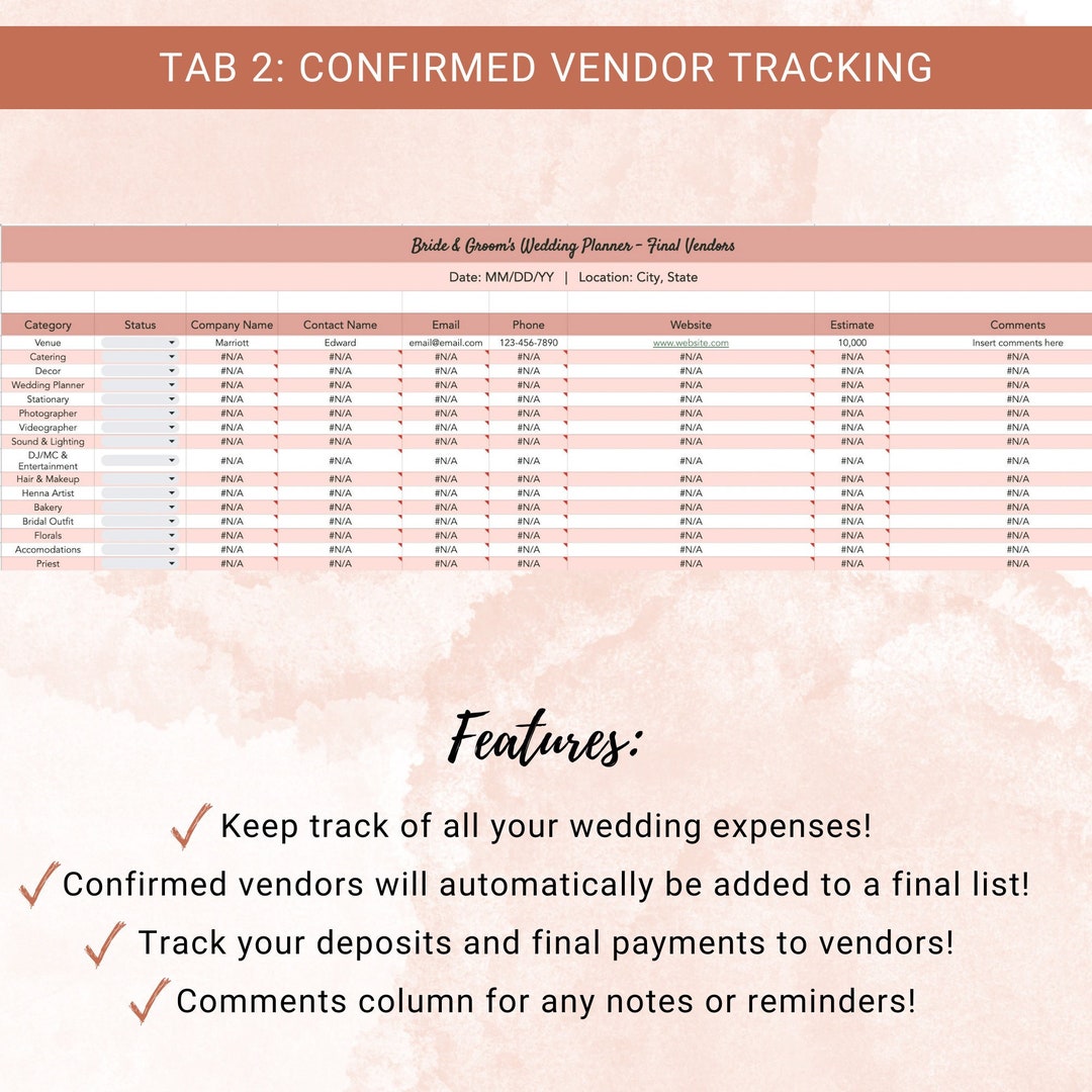 Indian Hindu Wedding Planner Vendor Spreadsheet, Google Sheets Template