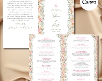 Programa floral para boda hindú: Ceremonia Gujarati, rosa y blanco (plantilla de Canva)