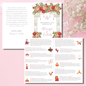 Indian Gujarati Hindu Wedding Ceremony Program Booklet Mandap Temple Floral Flowers Pink Red, Letter Print, – CUSTOM DIGITAL FILE