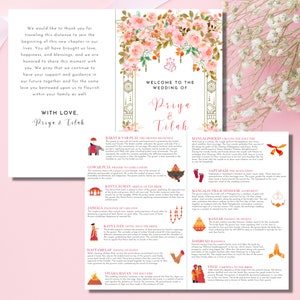 Indian Gujarati Hindu Wedding Ceremony Program Booklet Mandap Temple Floral Flowers Pink Red, Letter Print, – CUSTOM DIGITAL FILE