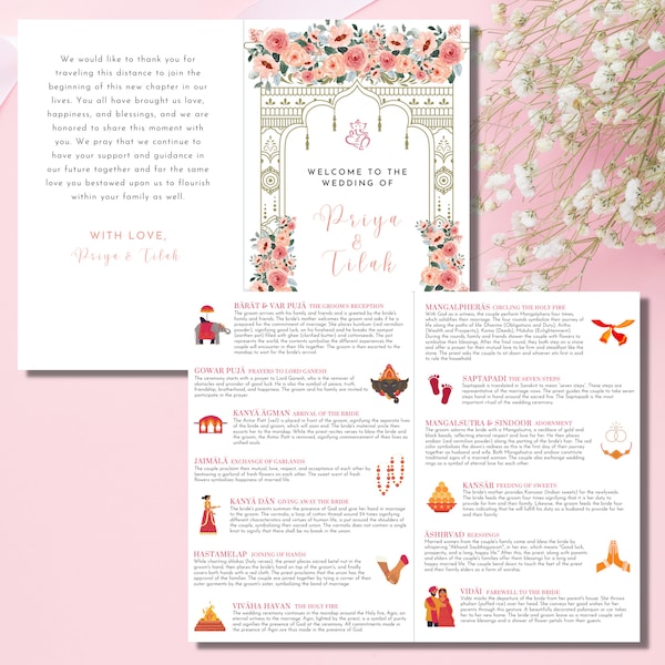 DIGITAL FILE - Custom Indian Wedding Ceremony Program Booklet, Wedding Booklet, Mandap Arch Temple Pillars & Floral Flowers Pink Red