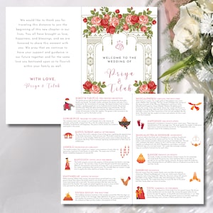 May include: A wedding invitation card with a floral archway and a list of traditional Indian wedding ceremonies. The card is decorated with red and gold accents and features the names Priya and Tilak.