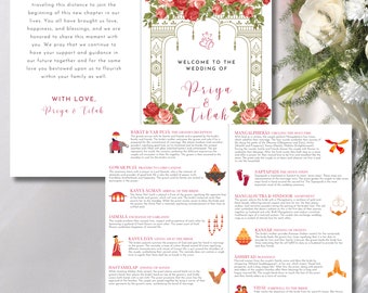 Plantilla de programa de boda india: mandap floral, rojo y rosa (plantilla de Canva)