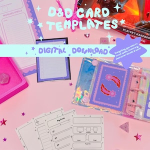 May include: A collection of D&D card templates and accessories on a pink surface. The image includes a pink tray, dice, star-shaped confetti, and a binder with card inserts. Text reads "D&D Card Templates" and "Digital Download."