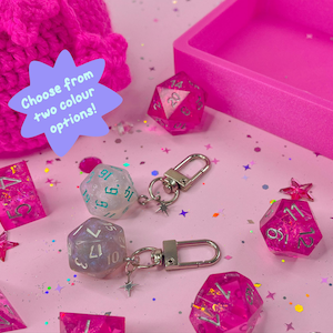 D20 Dice Keychain: Shimmery DnD Gift with Tiny Star Charm