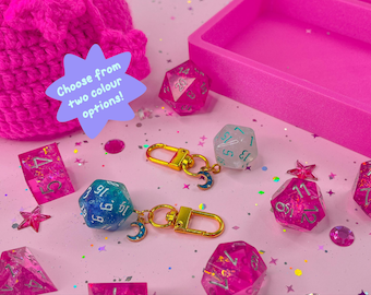 Shimmery D20 Dice Keychain: Moon Charm, DnD Gift