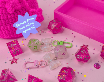 Girly D20 Dice Keychain: Glitter Bow Charm for DnD