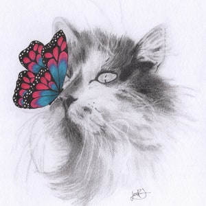 The Curious Cat and Her Butterfly.  Pencil Drawing Art. Instant Download