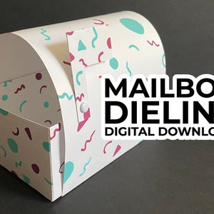 Könnte beinhalten: Eine weiße Briefkasten-Stanzschablone mit einem geometrischen Muster in Türkis und Rosa. Die Schablone ist für einen digitalen Download.  "MAILBOX DIELINE DIGITAL DOWNLOAD" ist in schwarzer Schrift geschrieben.
