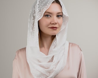 White Tulle Veil with French Floral Lace - Soft Cotton Mesh Long Veils for Chapel, Latin Mass or Prayer - Soft Cotton Boho Chapel Veil