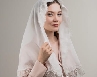 Velo de capilla de encaje con ribete de tul: Mantilla católica blanca suave, velo de regalo para Navidad