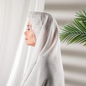 Ivory Linen Veil, Catholic Veil for Mass, Cathedral Veil, Bridal Veil Short, Mantilla Veil, Church Veil, Orthodox Christian Veil image 6