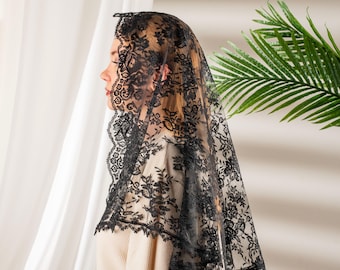 Black Floral Lace Mantilla Veil - French Style Catholic Head Covering, D-Shape Veil for Church, Mass & Wedding, Lace Chapel Veil