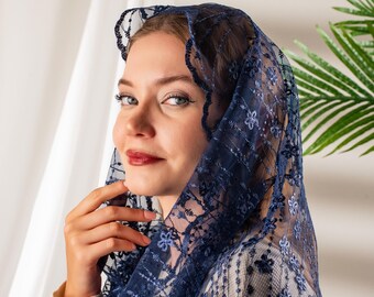 Velo de capilla de encaje azul, mantilla católica Infinity para mujer, velo floral para misa, velo de oración, regalo de comunión.