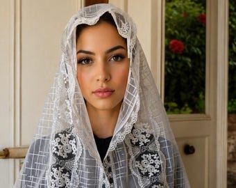 White Lace Chapel Veil for Catholic Women , Triangle Mantilla Head Covering with Floral Embroidery for Mass, Prayer, Communion & Weddings
