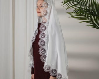 Elfenbein-weißer Spitzen-Kapellenschleier, französische Ätzspitze Brautschleier, Langer Elfenbein-Schleier mit Spitze, Mantilla-Schleier Kathedrale, Spitzen-Mantilla-Schleier