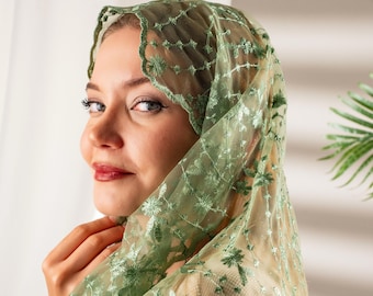 Light Green Veil, Olive Green Veil, Chapel Veil for Mass, Green Lace Veil, Catholic Mantillas, Prayer Veil, Green Lace Chapel Veil