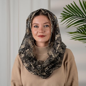 Velo negro, velo de capilla de encaje negro para mujer, tocado católico para misa, oración e iglesia – Mantilla floral dorada suave, velo de dama de honor