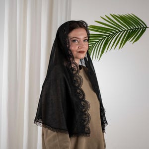 May include: A black veil with a delicate lace trim. The veil is draped over the head and shoulders. The lace trim features a repeating floral pattern. The background includes a white curtain and a green leaf.