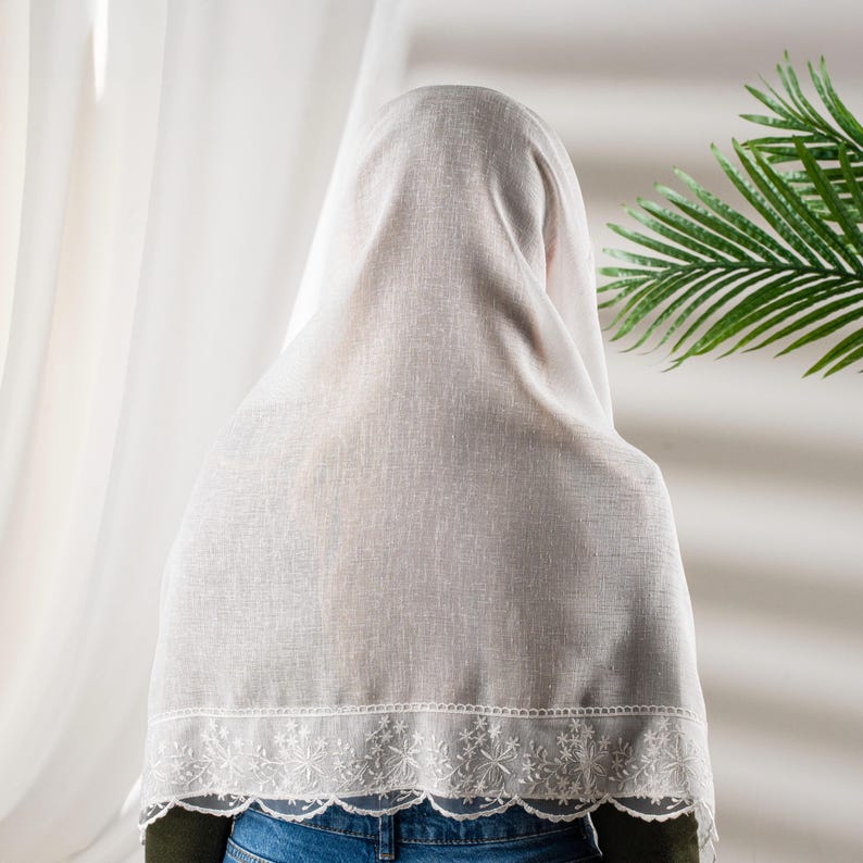 Ivory Linen Veil, Catholic Veil for Mass, Cathedral Veil, Bridal Veil Short, Mantilla Veil, Church Veil, Orthodox Christian Veil image 4