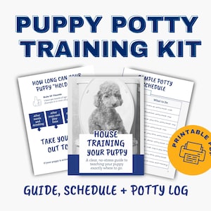 May include: A Puppy Potty Training Kit featuring a guide, schedule, and potty log. The documents include text such as Puppy Potty Training Kit, How Long Can Your Puppy Hold It, House Training Your Puppy, and Sample Potty Schedule with a printable PDF icon.