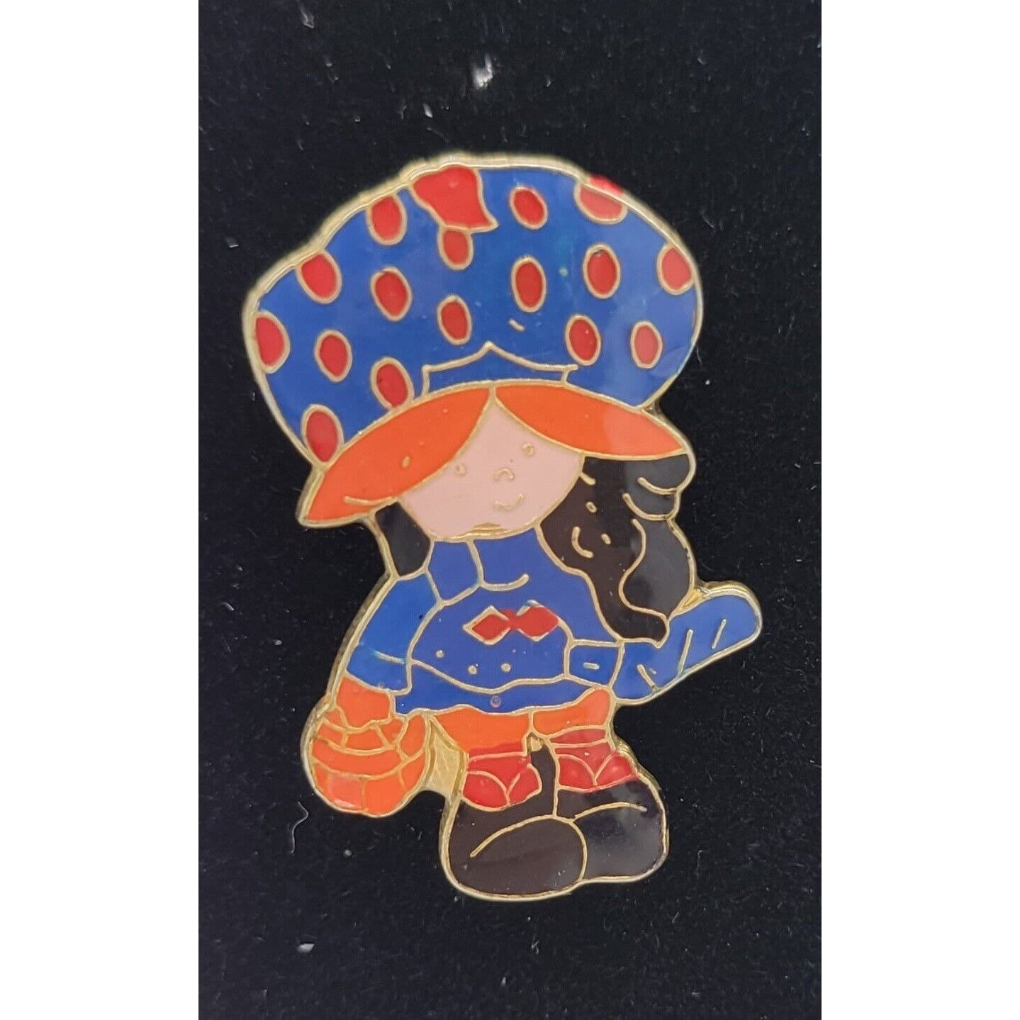 Vintage Strawberry Shortcake Enamel Lapel Pin Girl With Basket Blue & Orange