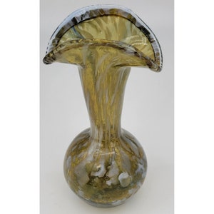 Vintage Hand Blown Olive Green & White Art Glass Vase