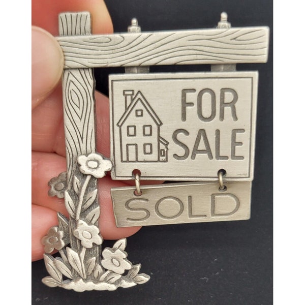 Vintage Signed JJ Pewter Real Estate Brooker House For Sale Sign Pin Brooch