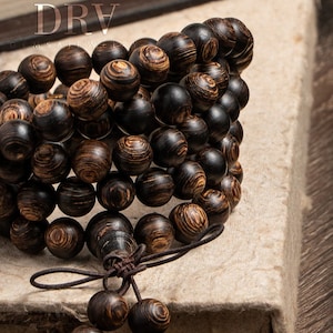 Corrente de pulseira Agarwood de 108 contas 7 mm-8 mm | Agarwood natural | Agarwood afunda com veias de vórtice | Colar de 108 contas