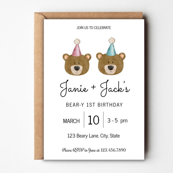 Beary 1st Birthday Invitation, Bear-y First Birthday Party, Twins First Birthday Invitation, Teddy Bear Birthday, 1st Birthday Invite