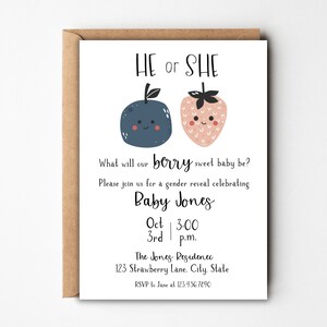 Berry Gender Reveal Invitation, Gender Reveal Ideas, Strawberry and Blueberry Gender Reveal Invite, Baby Gender Reveal Party