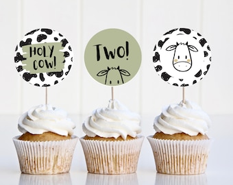 Holy Cow I’m One Birthday Cupcake Toppers, Moo Moo I’m Two, Boy Farm Birthday Party, Cow Print Party Decorations, Farm Birthday For Boy
