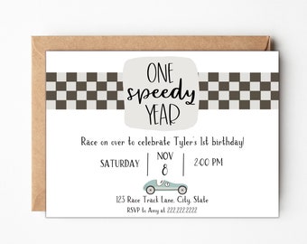 Race Car 1st Birthday Invitation, One Speedy Year Invite, Blue Race Car First Birthday Invitation, Boy Car 1st Birthday Invitation