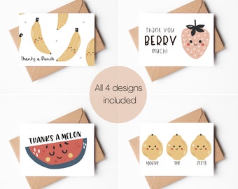 Funny Thank You Cards, Fruit Themed Thank You Card, Printable Fruit Cards, Cute Thank You Cards, Thanks a Melon, 4 x 6, Set of 4