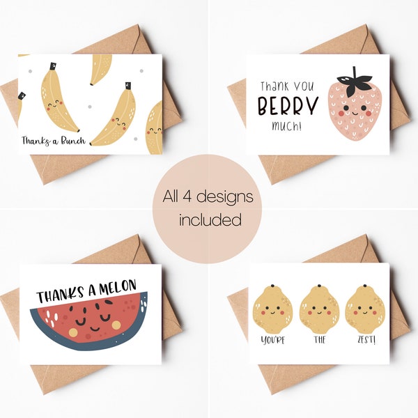 Tarjetas de agradecimiento divertidas, tarjeta de agradecimiento con temática de frutas, tarjetas de frutas imprimibles, tarjetas de agradecimiento lindas, gracias a un melón, 4 x 6, conjunto de 4