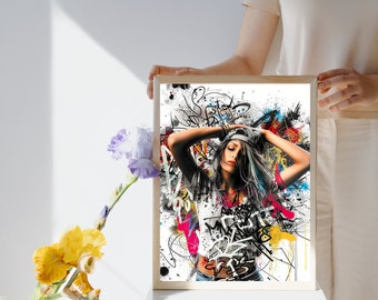 Graffiti wall art. Graffiti Modern Wall Art , Graffiti Art,lady with Graffiti wall art, Digital download, Gift for Graffiti Lover