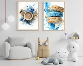 Printable Coffee Cup  Macarons Abstract Wall Art - Beige & Blue cafe wall art, Elegant Food Illustration for Stylish Cafe Décor