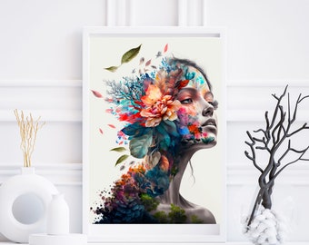 Printable lady decorated with flowers Instant Digital download