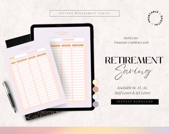 Retirement Saving Tracker, Printable budget planner, Finance Planner Weekly Monthly, Financial Saving Diary, Printable template pdf A4 A5