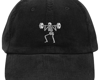 Skeleton Weightlifting Cap, Embroidered Gym Corduroy Dad Hat