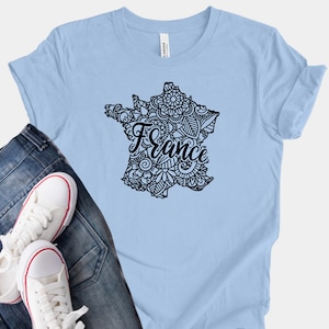 Camiseta con mapa de Francia, mandala boho, camiseta de recuerdo francesa