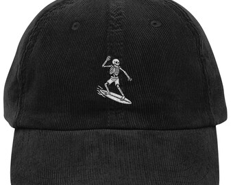 Skeleton Surfing Dad Hat, Embroidered Surfer Corduroy Cap