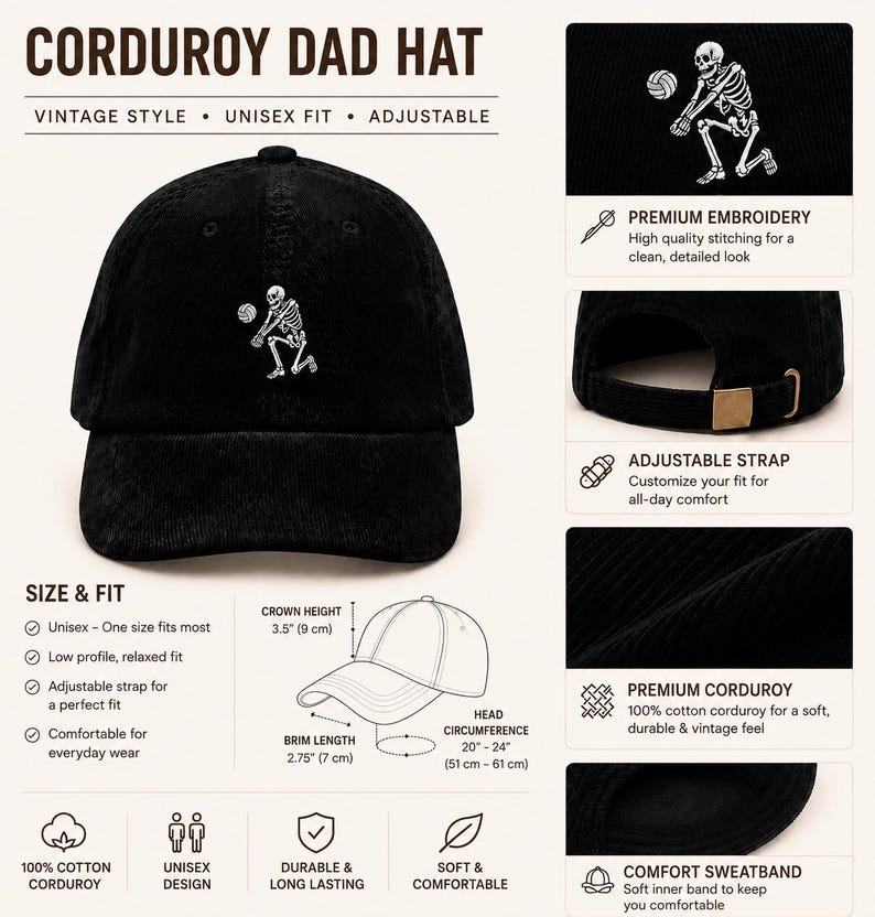 May include: A black corduroy dad hat featuring white embroidery of a skeleton playing volleyball. The hat has an adjustable strap with a metal buckle. Diagrams show a crown height of 3.5 inches, brim length of 2.75 inches, and head circumference of 20-24 inches.