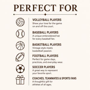 May include: A dark brown informational graphic with the header PERFECT FOR. It lists categories including VOLLEYBALL PLAYERS, BASEBALL PLAYERS, BASKETBALL PLAYERS, FOOTBALL PLAYERS, SOCCER PLAYERS, and COACHES, TEAMMATES & SPORTS FANS with icons.