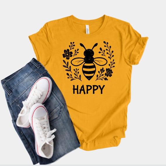 Bee Happy T-shirt, Vintage Floral Graphic, Positive Quote - Etsy