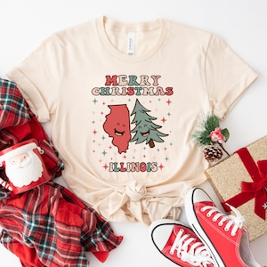 MERRY CHRISTMAS ILLINOIS Vintage T-shirt, Illinois Pride Shirt, Groovy Xmas Illinois Tee, Retro Illinois Native Shirt, Illinois Gift