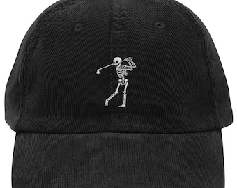 Embroidered Skeleton Golfer Dad Corduroy Hat, Vintage Corduroy Cap