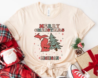 MERRY CHRISTMAS MICHIGAN Vintage Shirt, Michigan Pride Shirt, Groovy Xmas Michigan Tee, Retro Michigan Native Tee, Michigan Christmas Gift