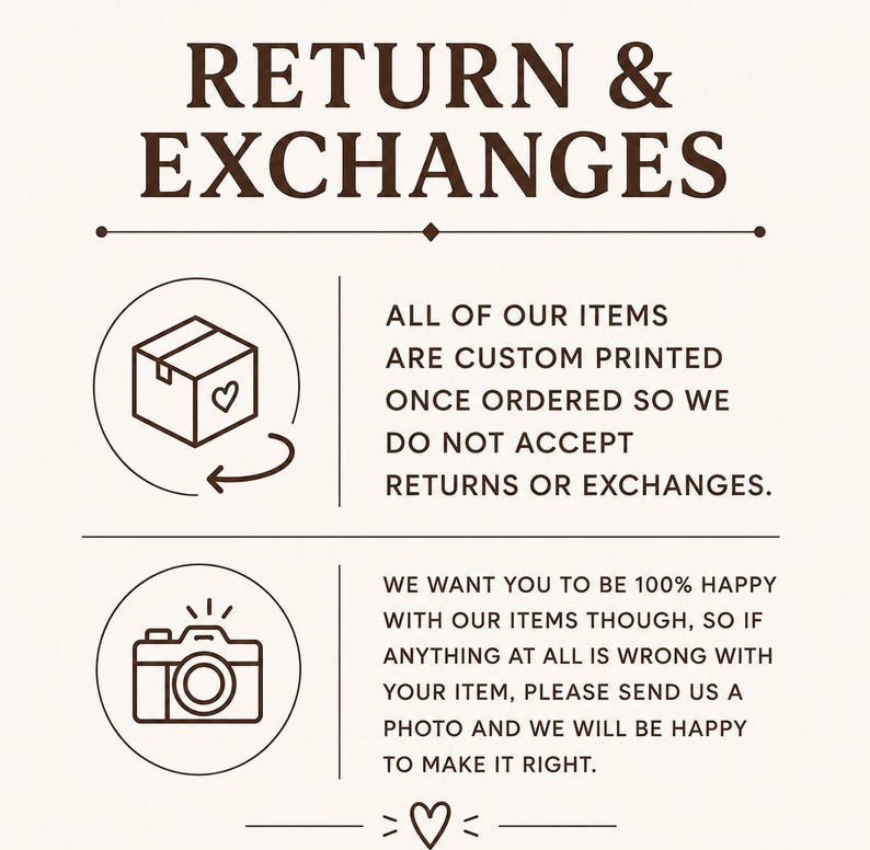 May include: A return and exchange policy graphic with dark brown text on a light background. It states that items are custom printed and non-returnable, but requests a photo if there is an issue to resolve the problem. Includes box and camera icons.